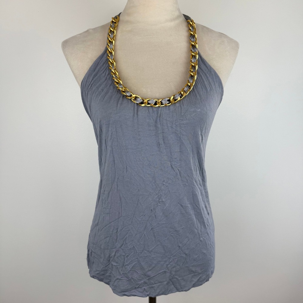Y2K Even Grey Halter Top Gold Chain Neckline Ribbon Tie Back Women's Size Med